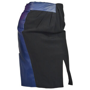 Raoul Two Tone Skirt Blue Leather Black Crepe Pencil High Waist Pleat Slit Small